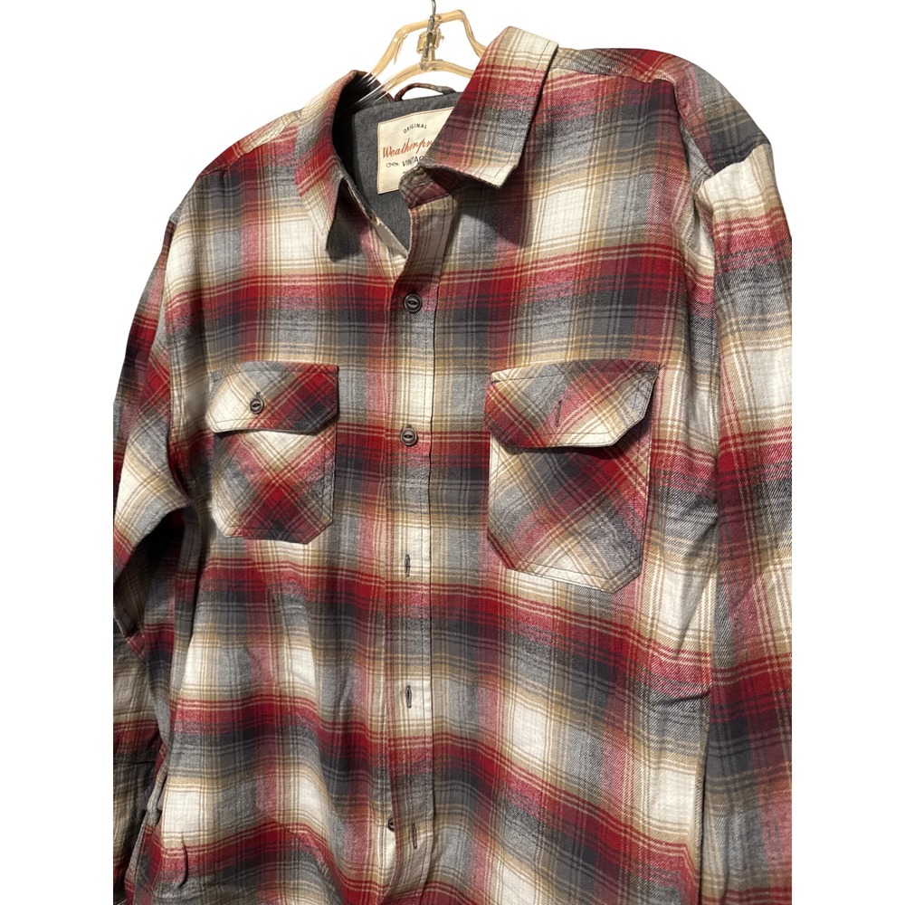 Weatherproof Vintage Mens Large Red Plaid Flannel Button Down Shirt Long Sleeve